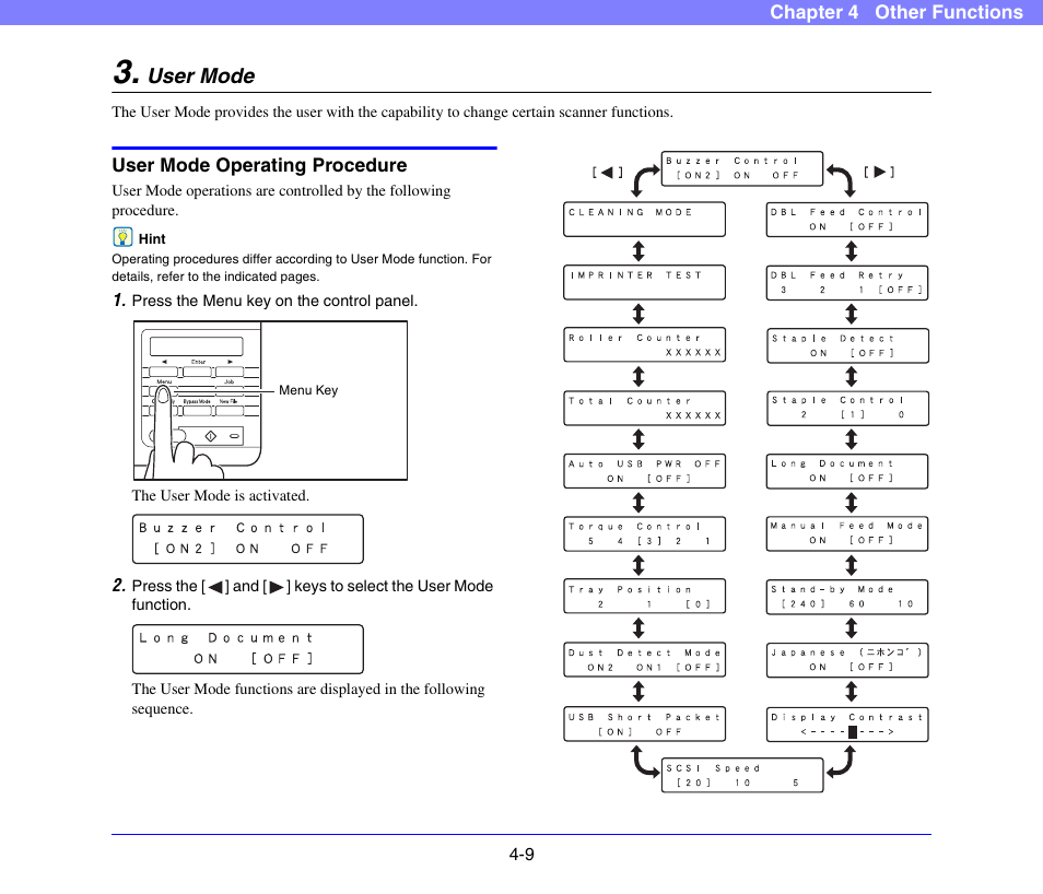 User mode, User mode operating procedure, User mode -9 | User mode operating procedure -9, See “user mode” on p. 4-9 | Canon DR-X10C User Manual | Page 61 / 155