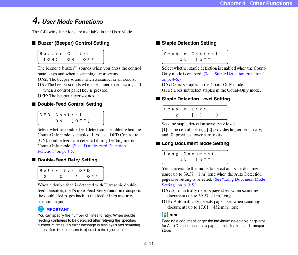 User mode functions, User mode functions -11, See “user mode | Functions” on p. 4-11.), P. 4-11, See “double, Feed retry setting” on p. 4-11.), See “staple, Detection level setting” on p. 4-11.), See “staple detection setting” on p. 4-11.) | Canon DR-X10C User Manual | Page 63 / 155