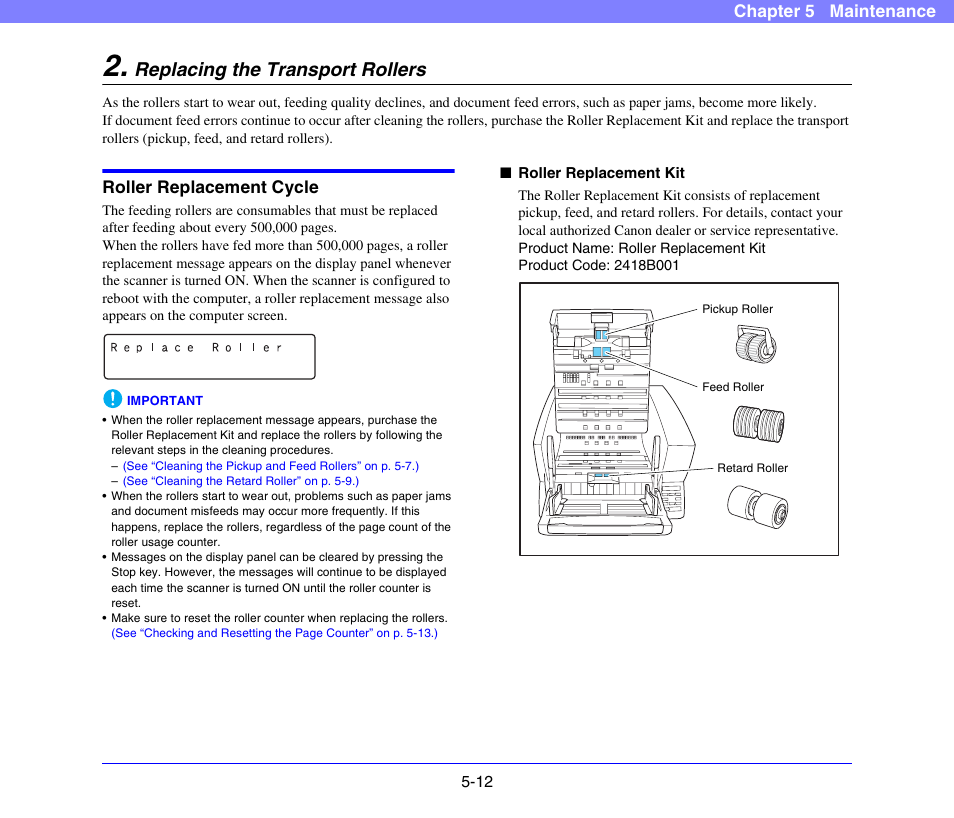 Replacing the transport rollers, Roller replacement cycle, Replacing the transport rollers -12 | Roller replacement cycle -12, Chapter 5 maintenance | Canon DR-X10C User Manual | Page 77 / 155