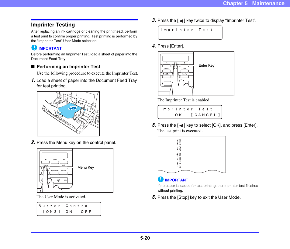 Imprinter testing, Imprinter testing -20, P. 5-20 | See “performing, An imprinter test” on p. 5-20.) | Canon DR-X10C User Manual | Page 85 / 155