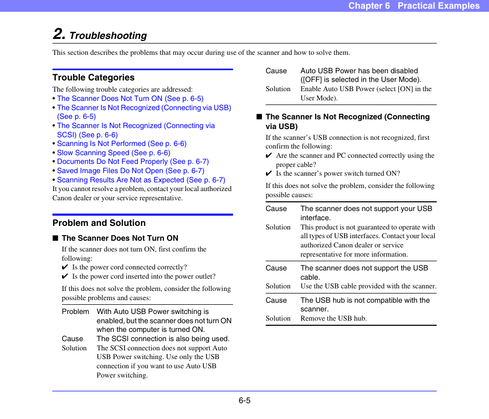 Troubleshooting, Trouble categories, Problem and solution | Troubleshooting -5, Trouble categories -5 problem and solution -5 | Canon DR-X10C User Manual | Page 90 / 155