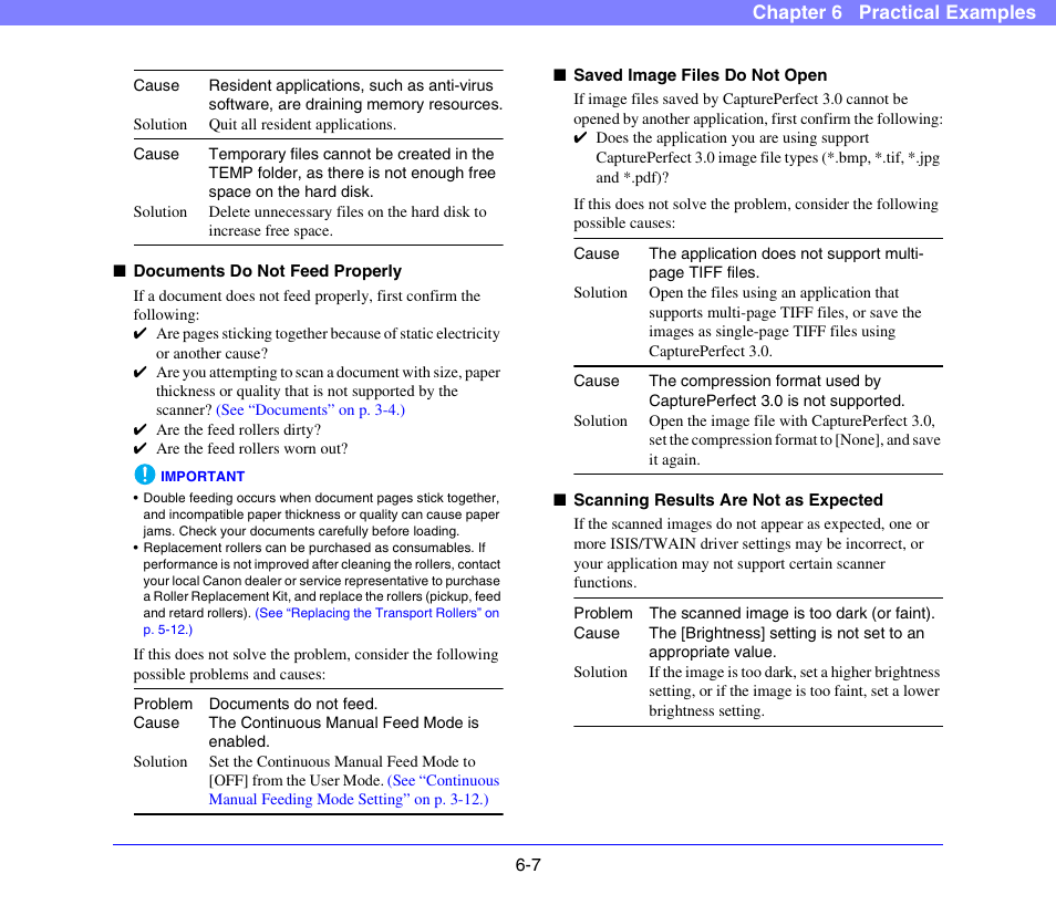 Documents do not feed properly (see p. 6-7), Saved image files do not open (see p. 6-7), Scanning results are not as expected (see p. 6-7) | Canon DR-X10C User Manual | Page 92 / 155