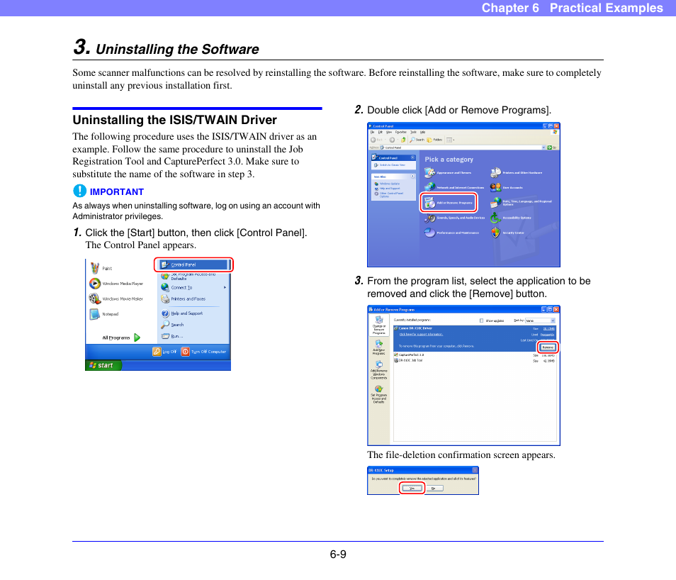 Uninstalling the software, Uninstalling the isis/twain driver, Uninstalling the software -9 | Uninstalling the isis/twain driver -9 | Canon DR-X10C User Manual | Page 94 / 155