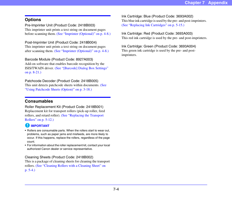 Options, Consumables, Options -4 consummables -4 | Canon DR-X10C User Manual | Page 99 / 155