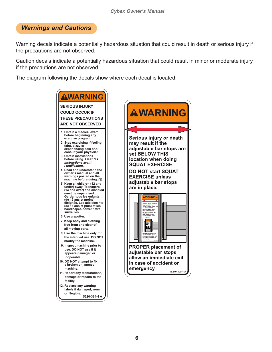 Warnings and cautions, Specs master artwork, Warning | Cybex owner’s manual, Owatonna, Jkw/bg 4/1/09 | Cybex 19061 Big Iron Combo Bench User Manual | Page 6 / 22