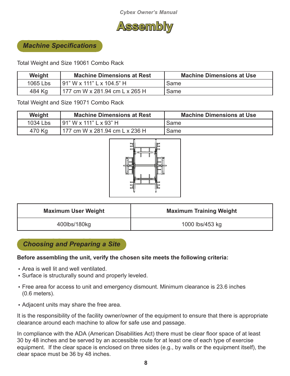 Assembly, Machine specifications, Tools required | Assembly procedure | Cybex 19061 Big Iron Combo Bench User Manual | Page 8 / 22