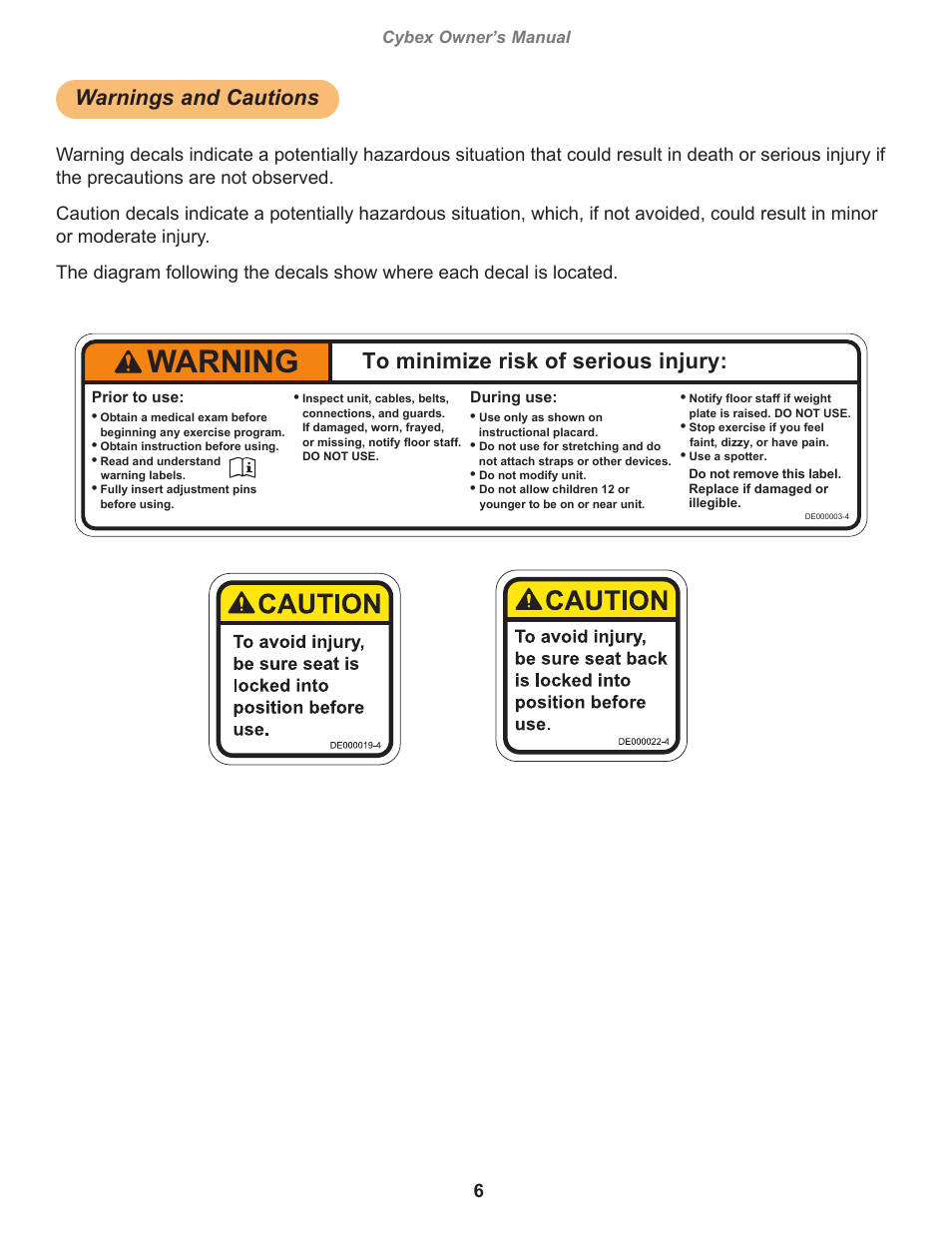 Warnings and cautions, Warning, Caution, decal english | Cybex owner’s manual, Owatonna, Prior to use, During use | Cybex 19100 Big Iron Benches User Manual | Page 6 / 18