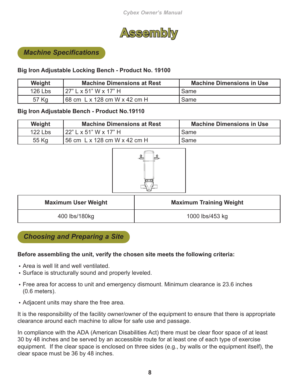 Assembly, Machine specifications, Choosing and preparing a site | Cybex 19100 Big Iron Benches User Manual | Page 8 / 18