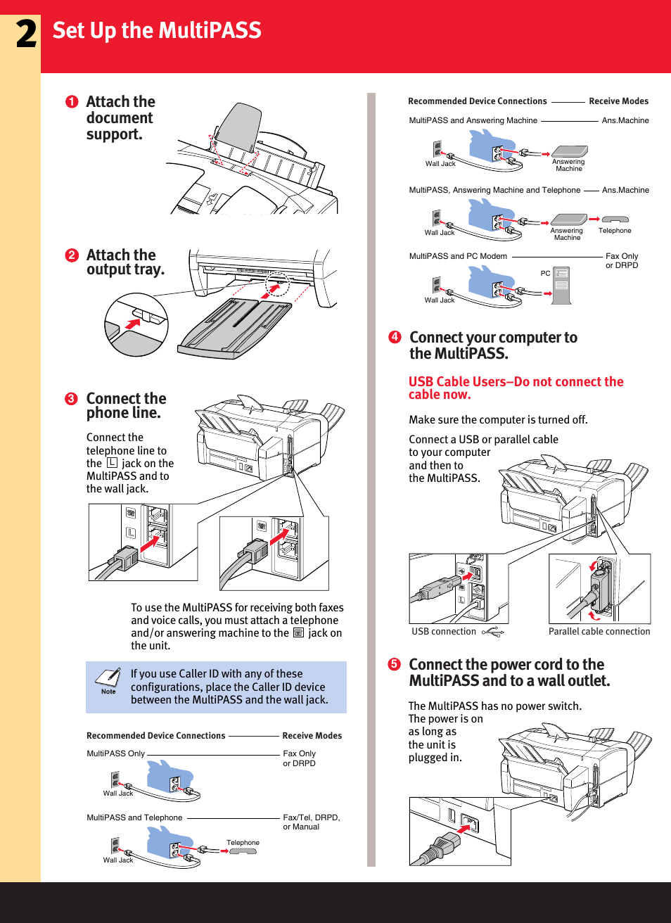 Set up the multipass, Attach the document support, Connect your computer to the multipass | Attach the output tray. connect the phone line | Canon MultiPASS Printer C755 User Manual | Page 2 / 7