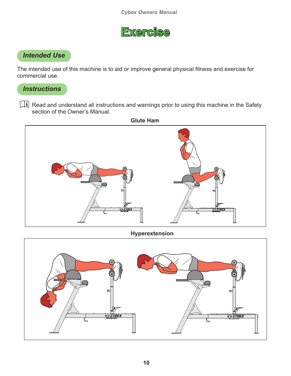 Exercise, Intended use, Instructions | Cybex 19300 Big Iron Glute Ham User Manual | Page 10 / 18