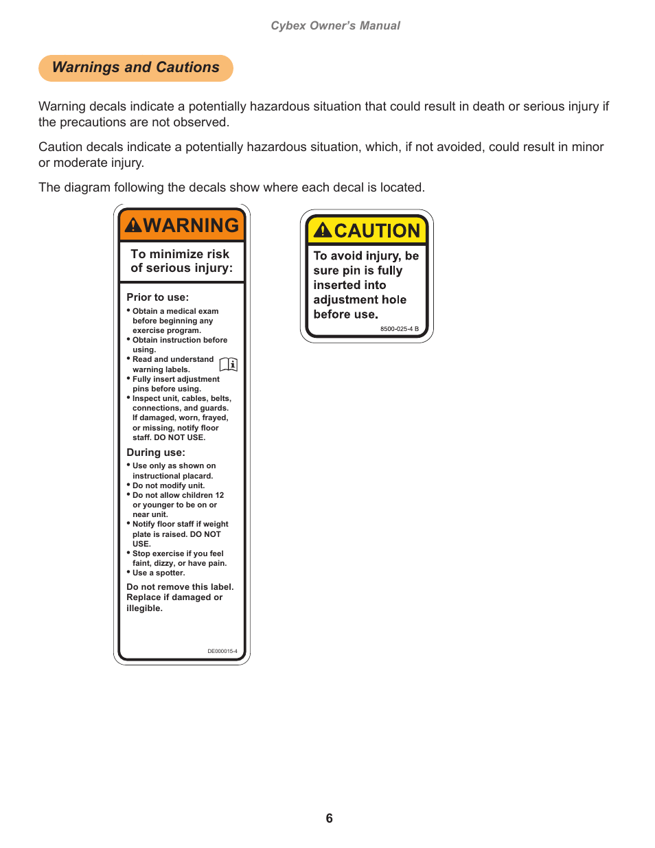 Warnings and cautions, Warning, Cybex owner’s manual | Owatonna, Prior to use, During use | Cybex 19300 Big Iron Glute Ham User Manual | Page 6 / 18