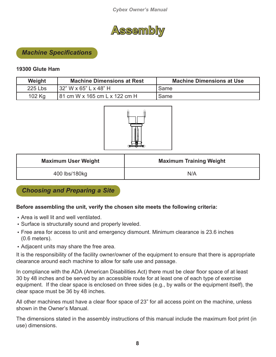 Assembly, Machine specifications, Choosing and preparing a site | Cybex 19300 Big Iron Glute Ham User Manual | Page 8 / 18