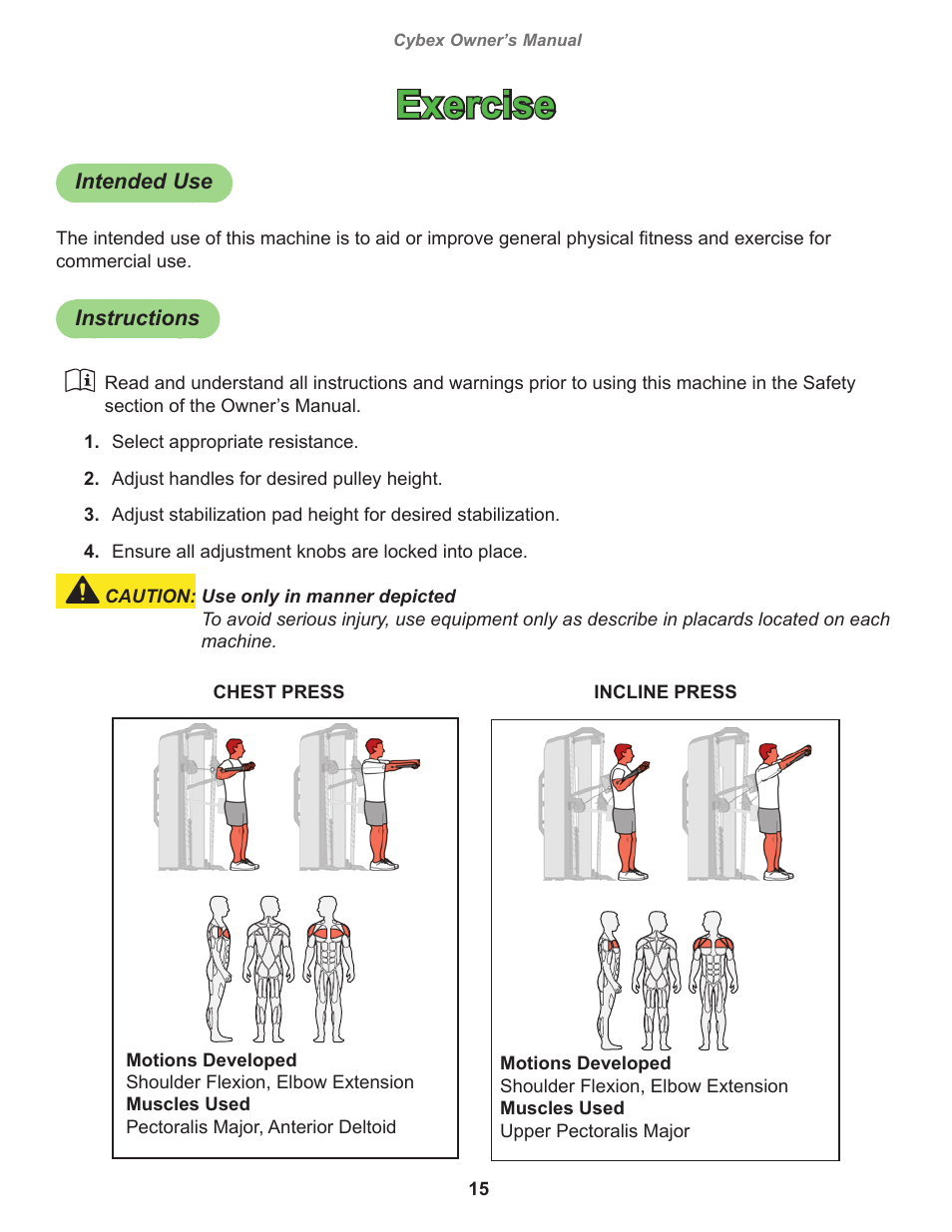 Exercise, Intended use, Instructions | Cybex 18010 Bravo Press User Manual | Page 15 / 28
