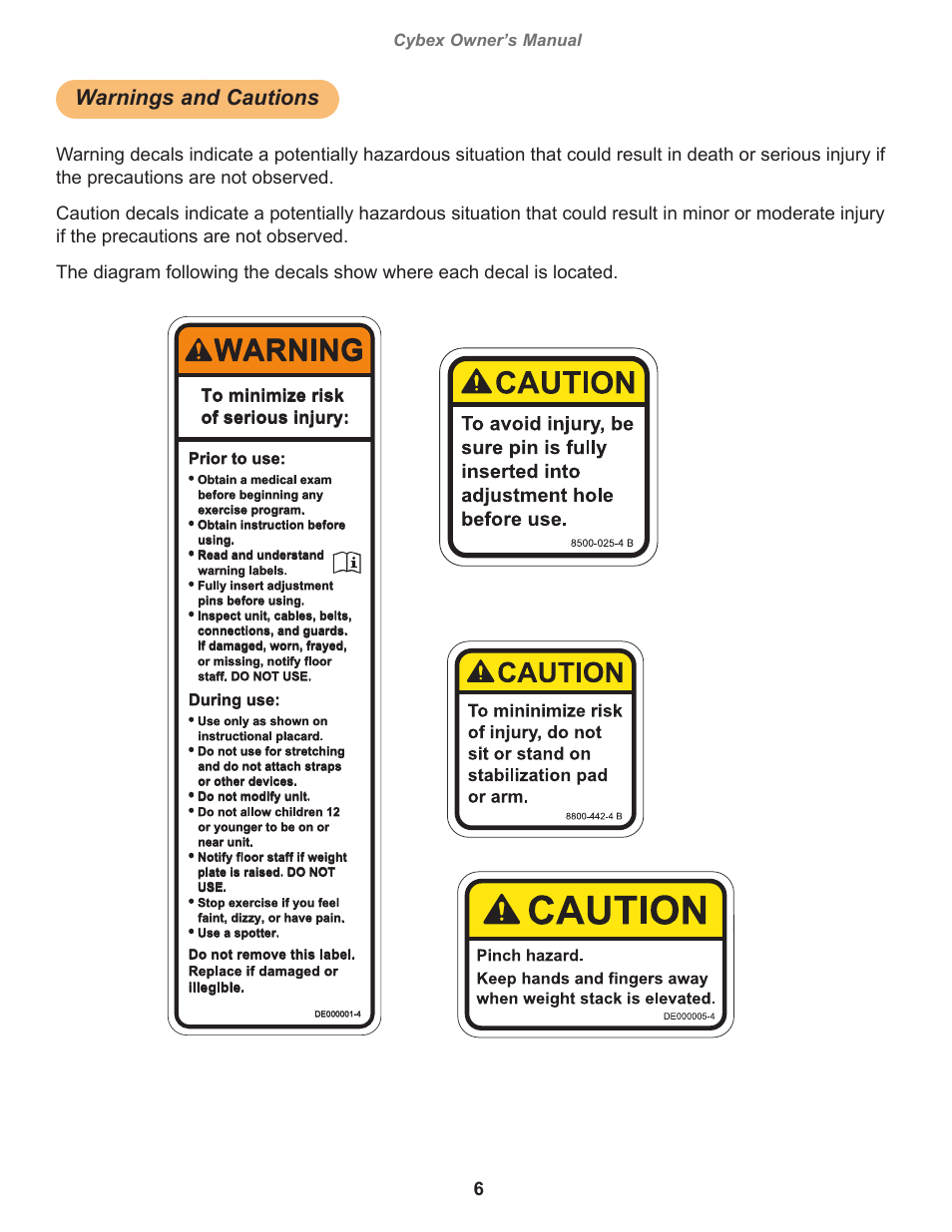 Warnings and cautions, Warning, Cybex owner’s manual | Owatonna, Prior to use, During use | Cybex 18010 Bravo Press User Manual | Page 6 / 28