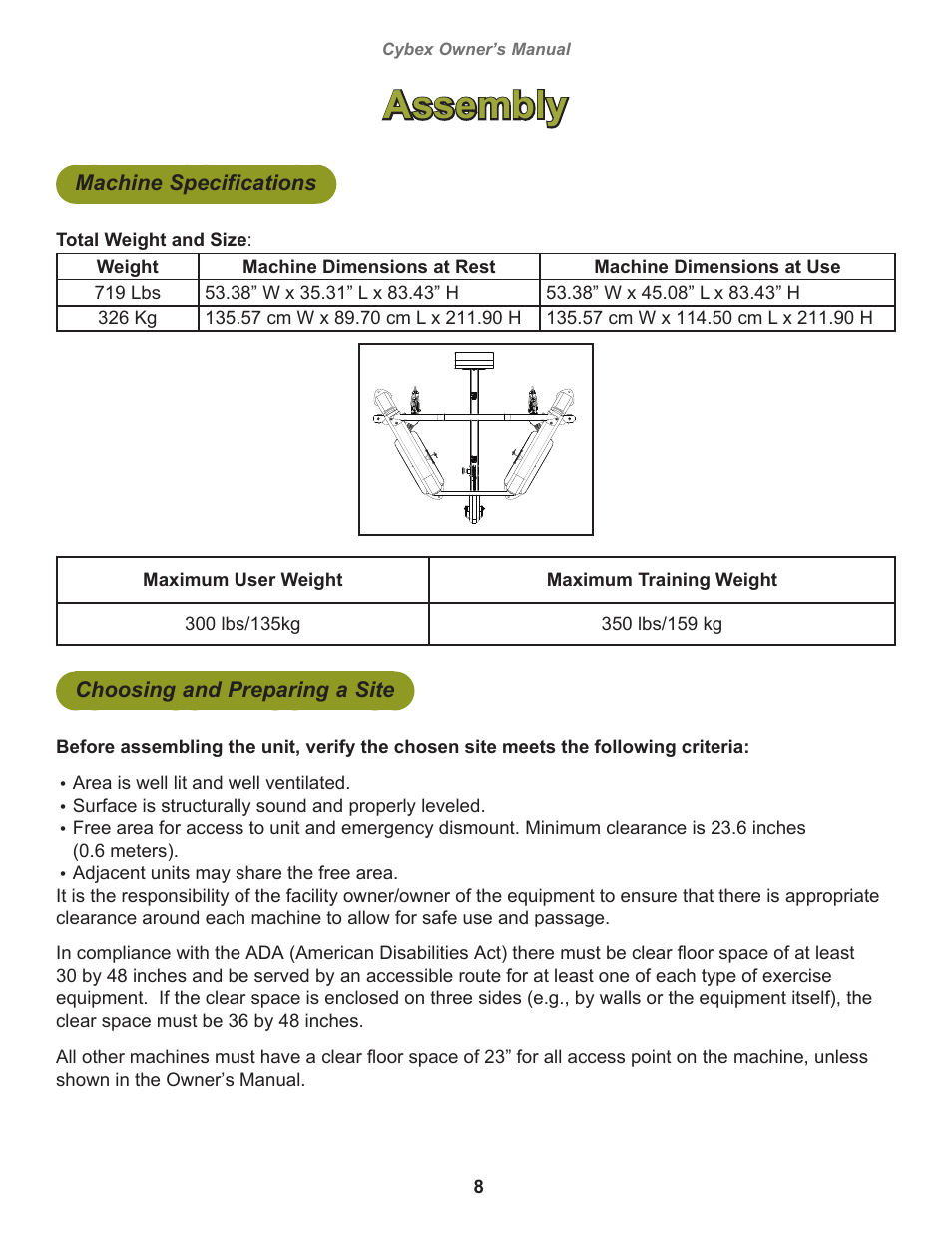 Assembly, Machine specifications, Choosing and preparing a site | Cybex 18010 Bravo Press User Manual | Page 8 / 28