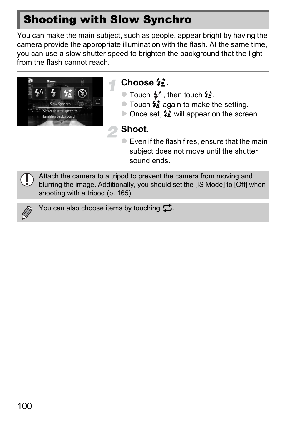 Shooting with slow synchro | Canon IXUS 1100 HS User Manual | Page 100 / 209