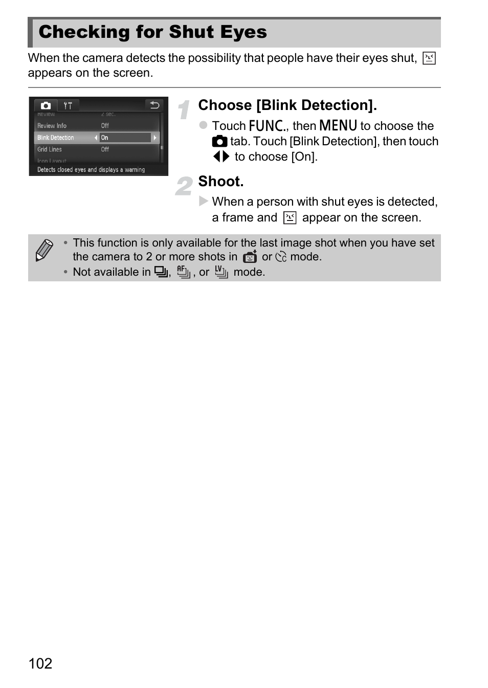 Checking for shut eyes, Choose [blink detection, Shoot | Canon IXUS 1100 HS User Manual | Page 102 / 209