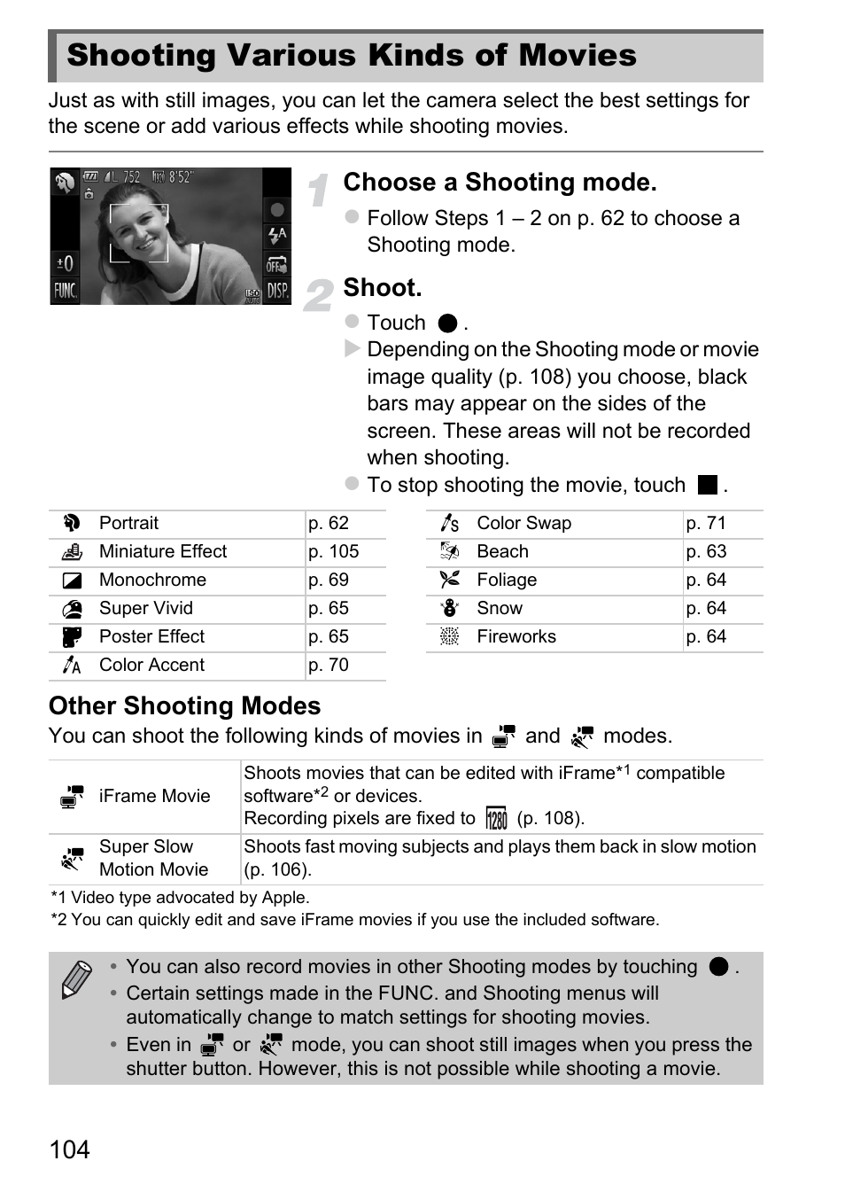 Shooting various kinds of movies, Shooting various kinds of movies 104, Choose a shooting mode | Shoot, Other shooting modes | Canon IXUS 1100 HS User Manual | Page 104 / 209