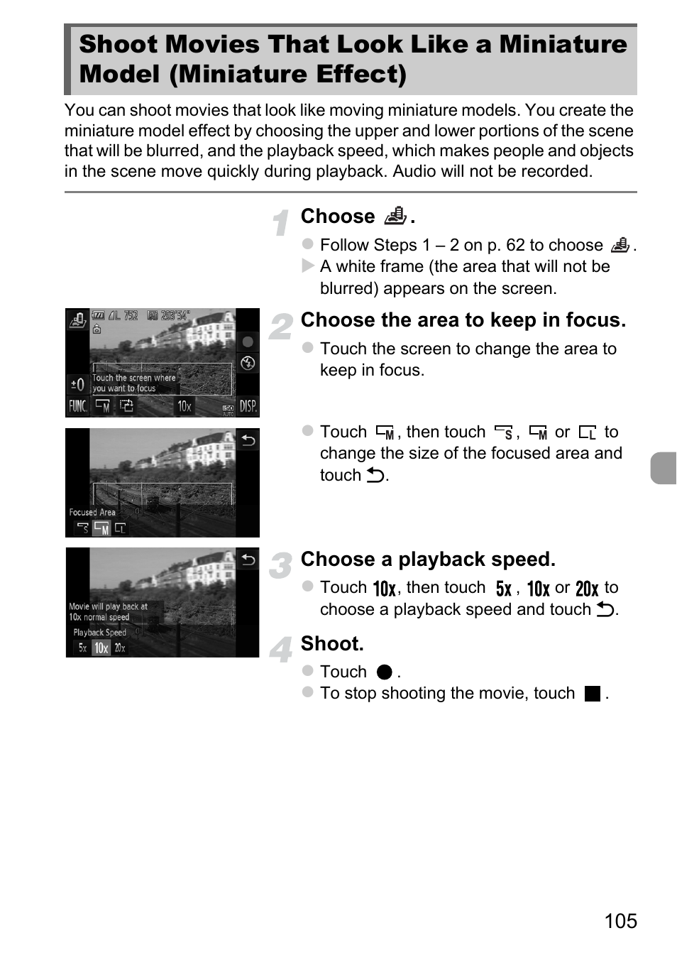 Shoot movies that look like a, Miniature model (miniature effect), P. 105 | Canon IXUS 1100 HS User Manual | Page 105 / 209
