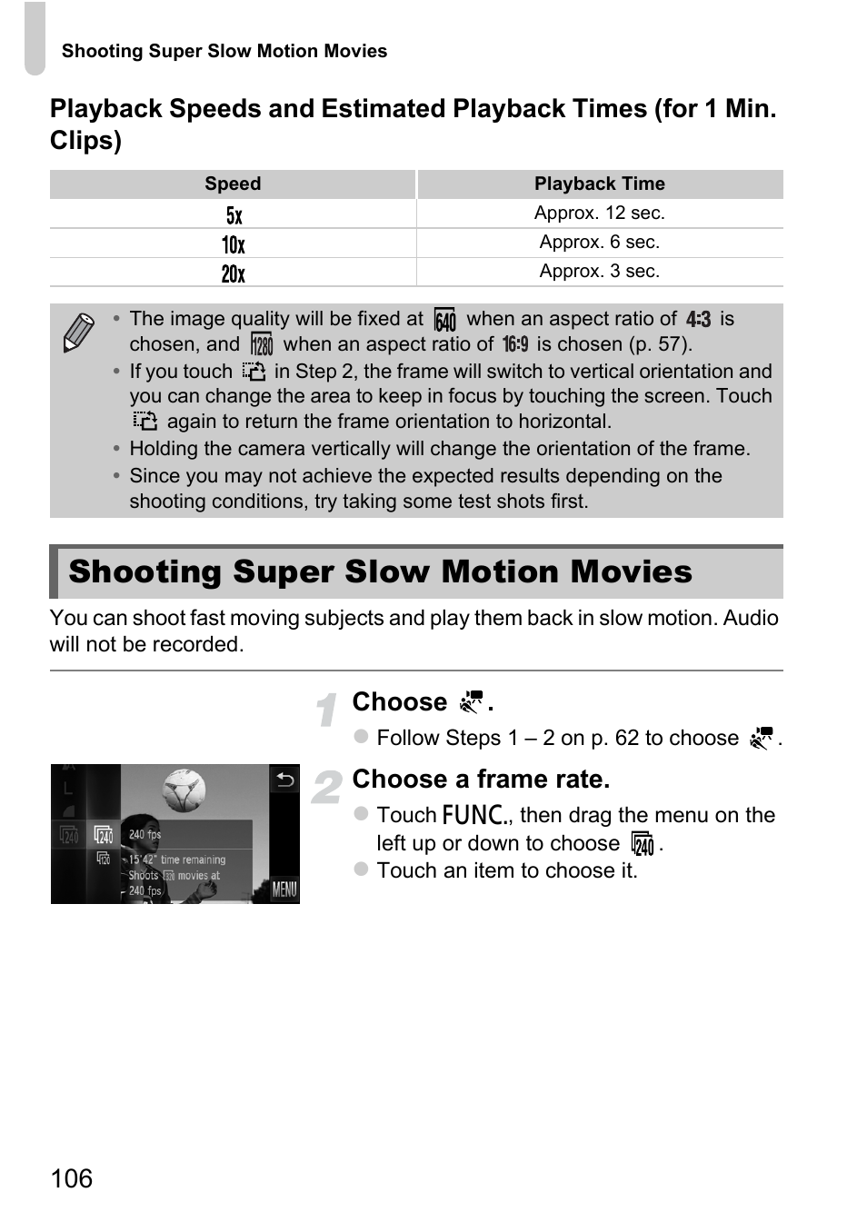 Shooting super slow motion movies, P. 106), Choose | Choose a frame rate | Canon IXUS 1100 HS User Manual | Page 106 / 209