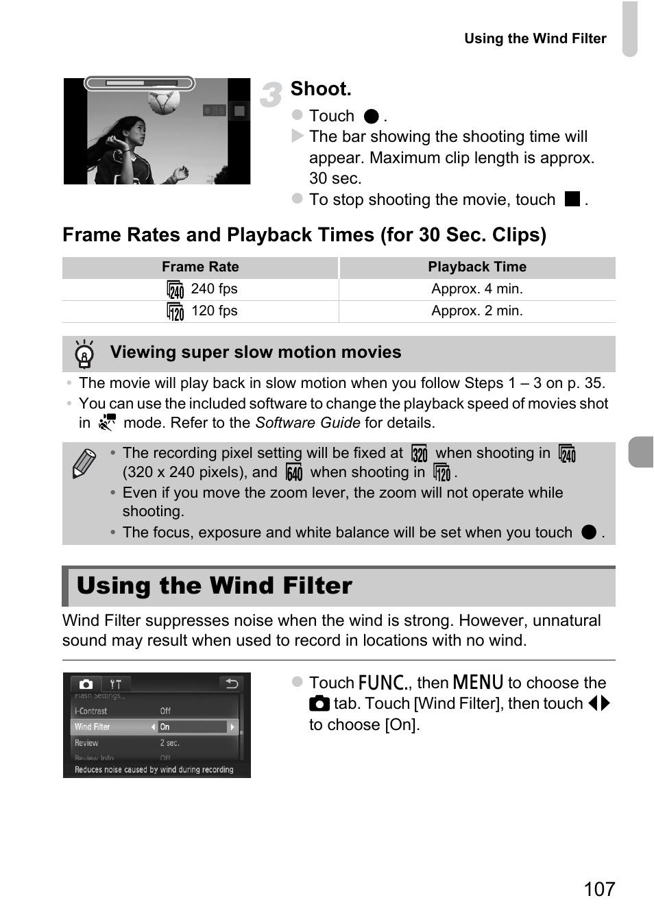 Using the wind filter, 107 shoot, Frame rates and playback times (for 30 sec. clips) | Canon IXUS 1100 HS User Manual | Page 107 / 209