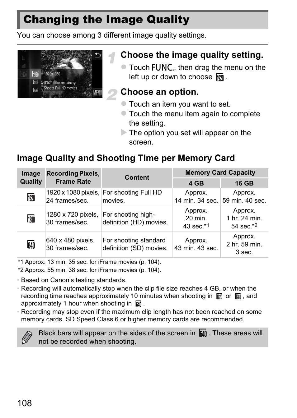 Changing the image quality, Ty (p. 108, P. 108) | Choose the image quality setting, Choose an option | Canon IXUS 1100 HS User Manual | Page 108 / 209