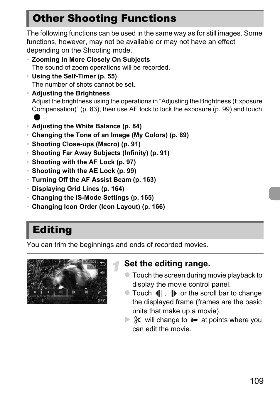 Other shooting functions, Editing, Other shooting functions editing | Set the editing range | Canon IXUS 1100 HS User Manual | Page 109 / 209