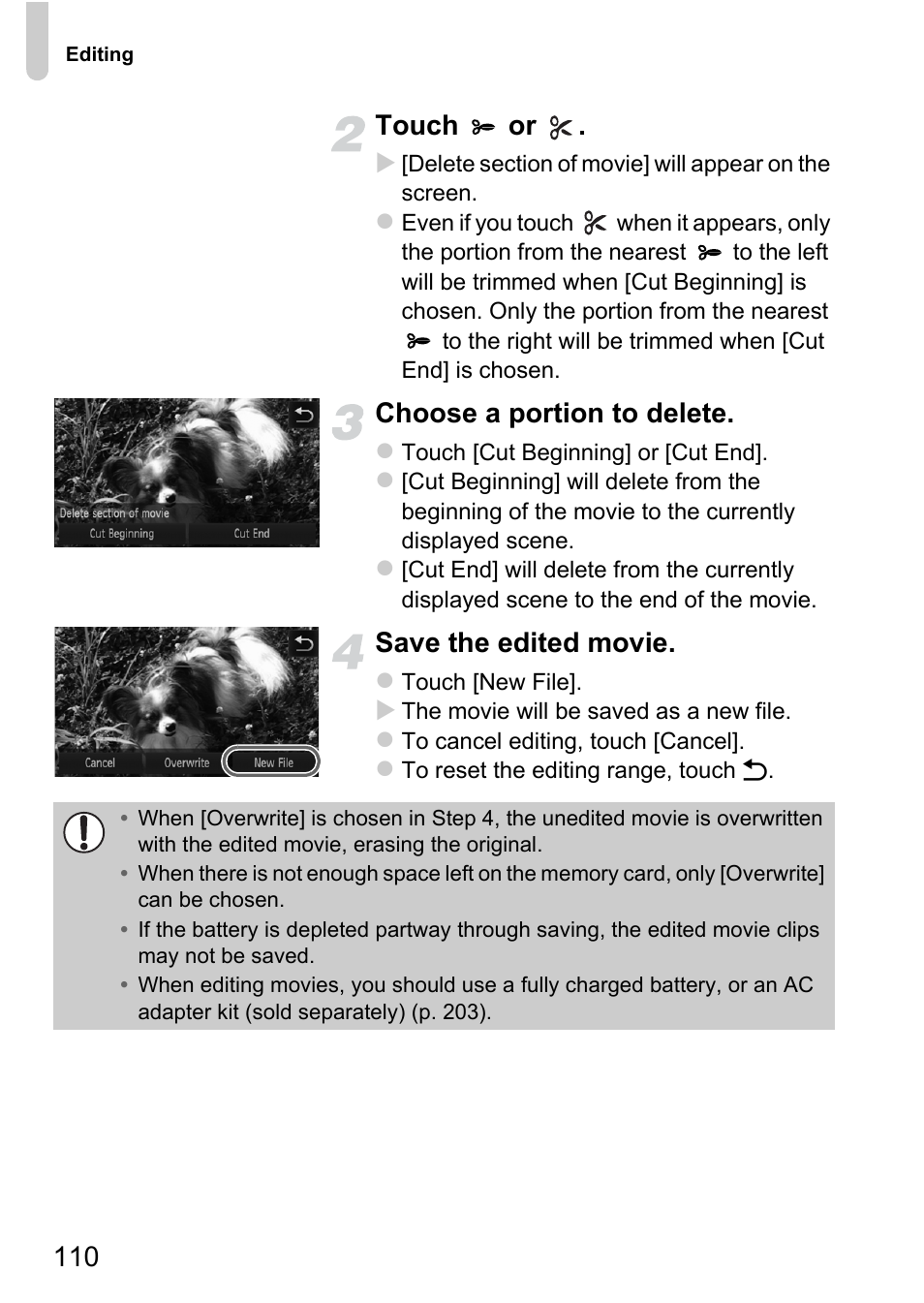 110 touch or, Choose a portion to delete, Save the edited movie | Canon IXUS 1100 HS User Manual | Page 110 / 209