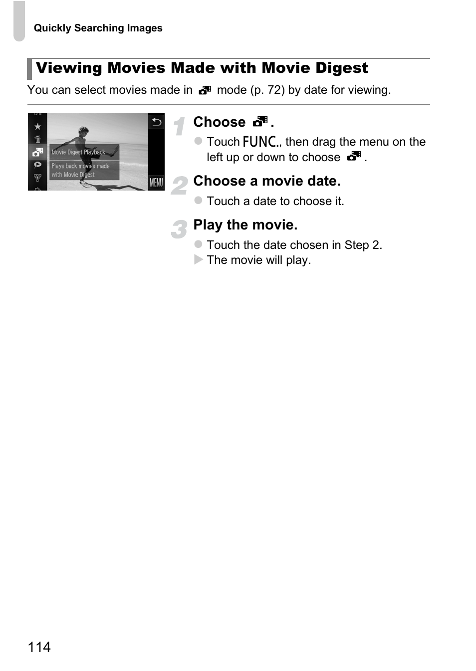 P. 114, Viewing movies made with movie digest | Canon IXUS 1100 HS User Manual | Page 114 / 209