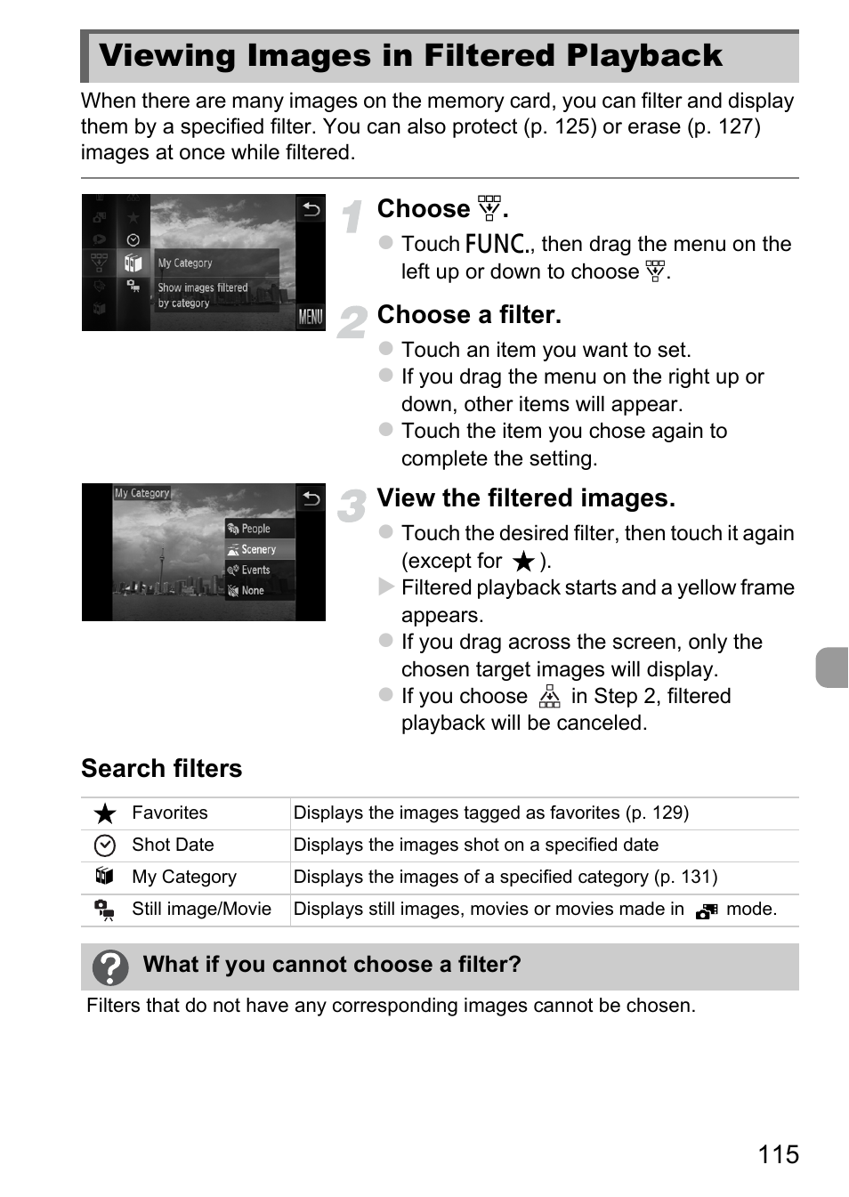 Viewing images in filtered playback, Viewing images in filtered, Playback | Playback (p. 115, Choose s, Choose a filter, View the filtered images, Search filters | Canon IXUS 1100 HS User Manual | Page 115 / 209