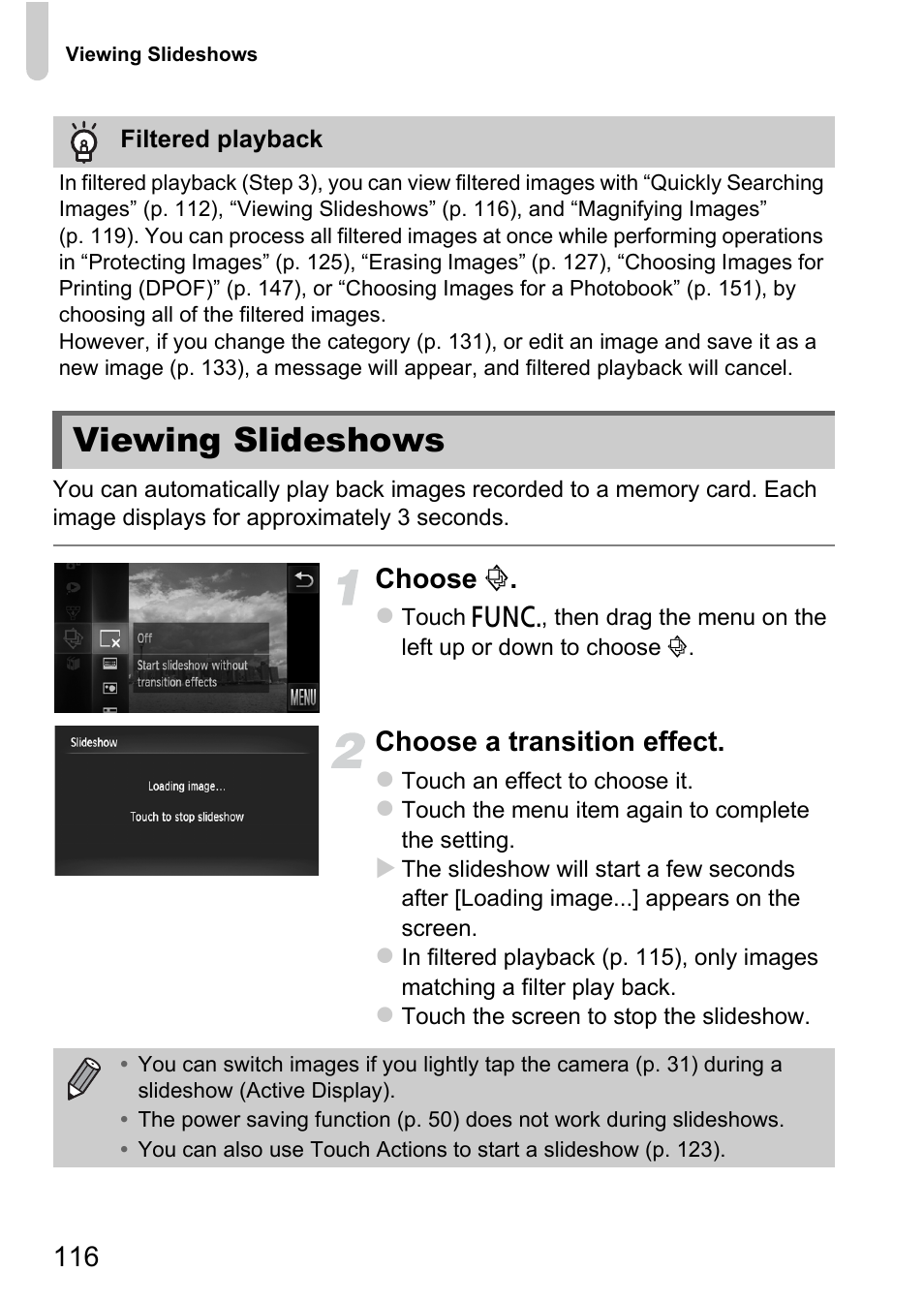 Viewing slideshows, Choose, Choose a transition effect | Canon IXUS 1100 HS User Manual | Page 116 / 209