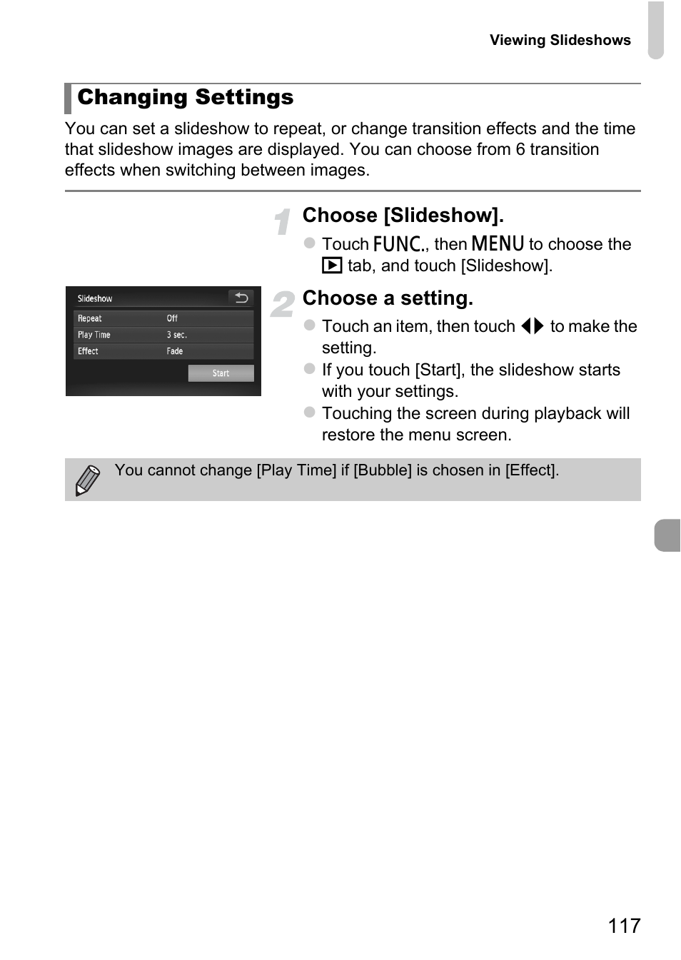 Changing settings, Choose [slideshow, Choose a setting | Canon IXUS 1100 HS User Manual | Page 117 / 209