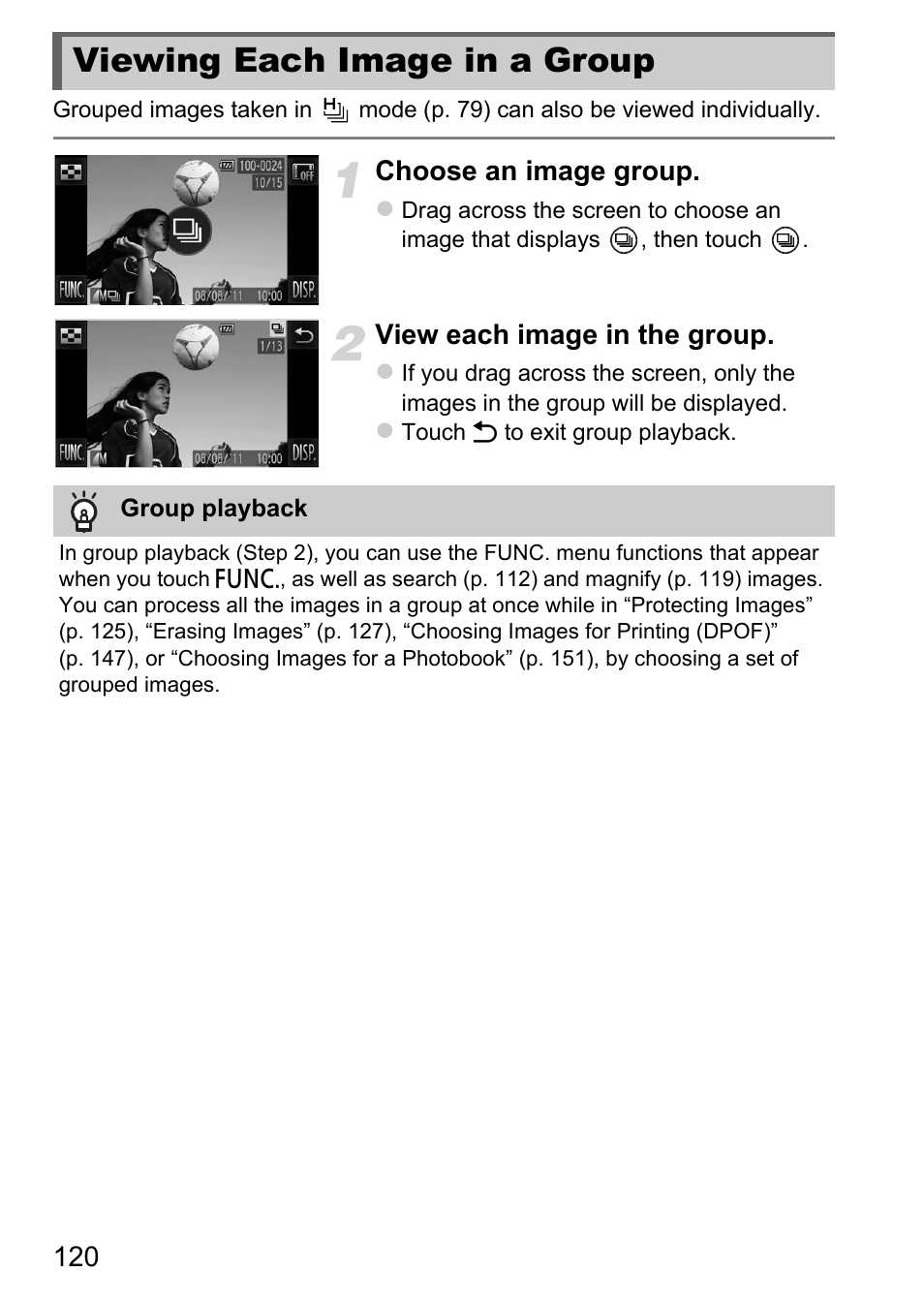 Viewing each image in a group, P. 120), Ly (p. 120 | Choose an image group, View each image in the group | Canon IXUS 1100 HS User Manual | Page 120 / 209