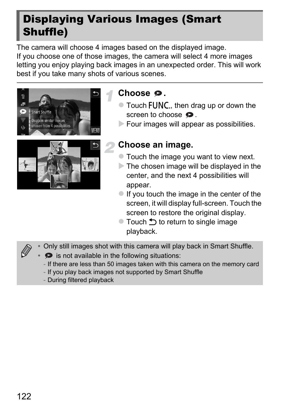 Displaying various images (smart shuffle), Displaying various images, Smart shuffle) | P. 122), E (p. 122), Choose, Choose an image | Canon IXUS 1100 HS User Manual | Page 122 / 209