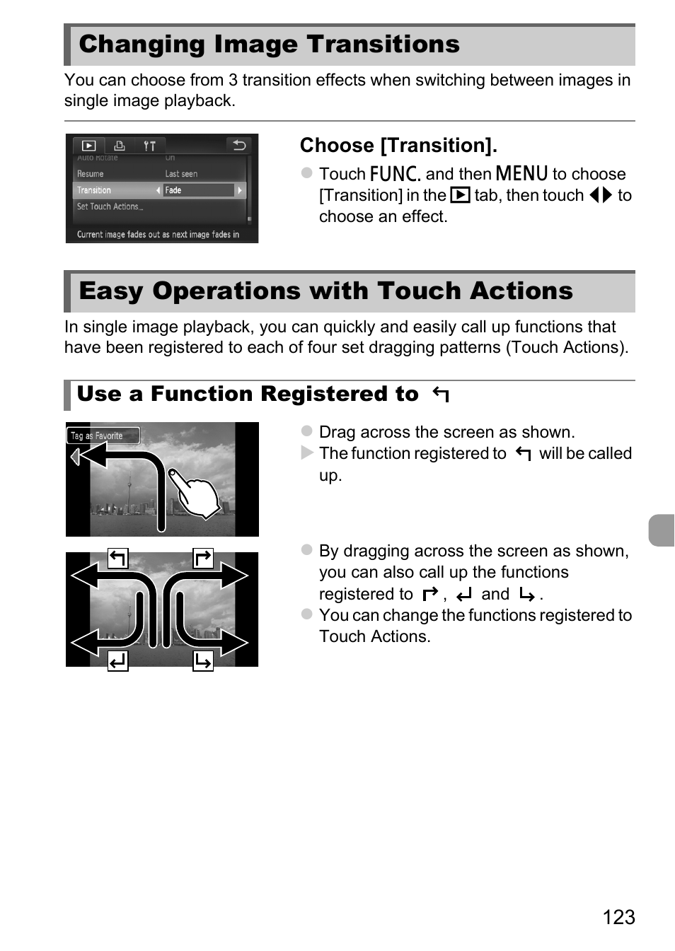 Changing image transitions, Easy operations with touch actions, Changing image transitions easy operations with | Touch actions, P. 123), be, P. 123), Use a function registered to | Canon IXUS 1100 HS User Manual | Page 123 / 209