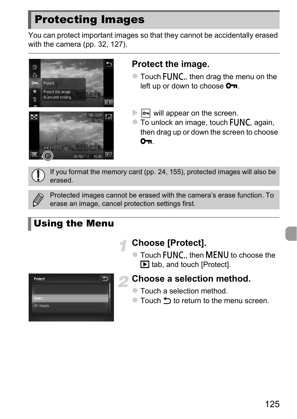 Protecting images, P. 125), Otected (p. 125) | P. 125, Ages” (p. 125), Using the menu | Canon IXUS 1100 HS User Manual | Page 125 / 209