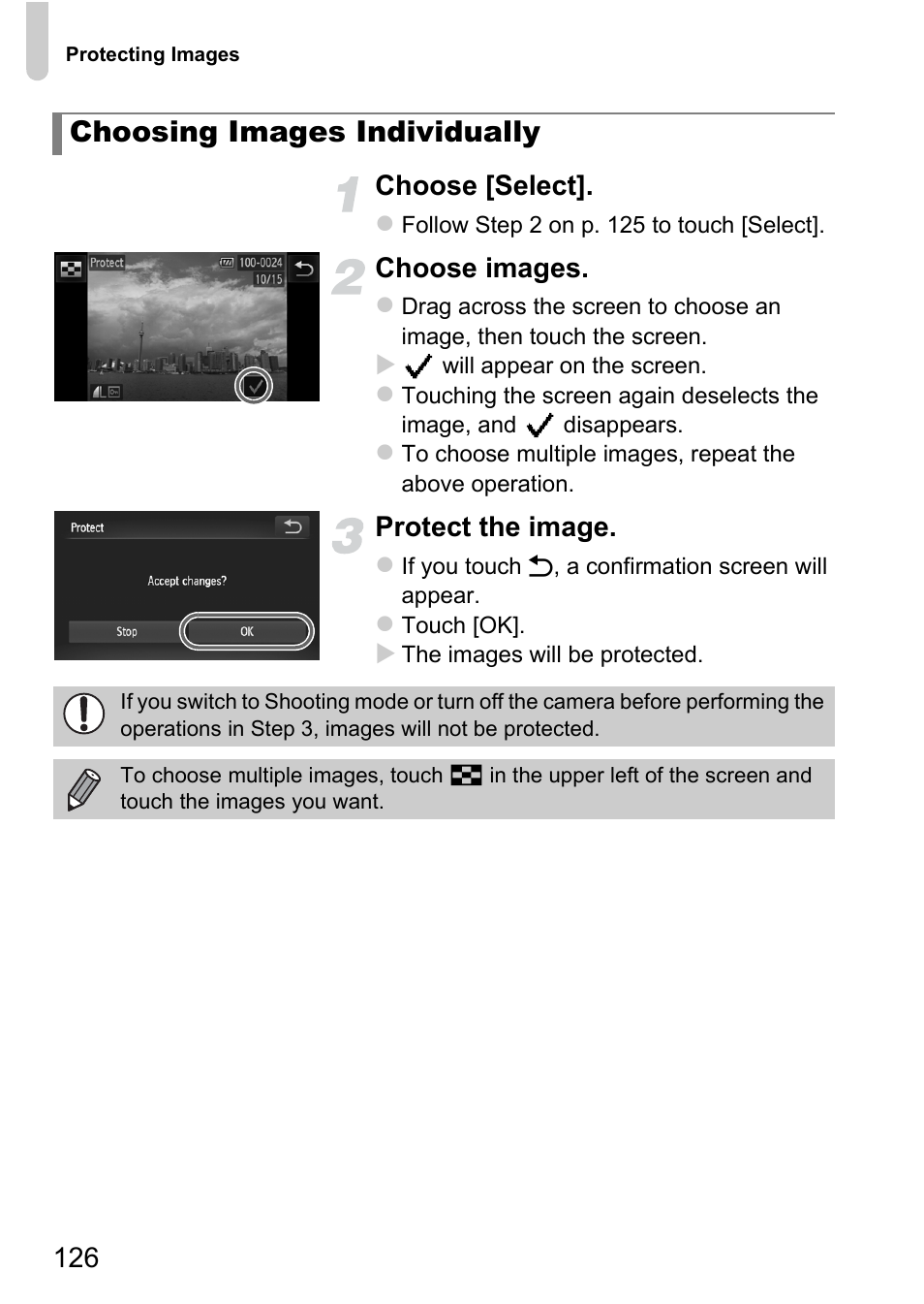 Choosing images individually, 126 choose [select, Choose images | Protect the image | Canon IXUS 1100 HS User Manual | Page 126 / 209