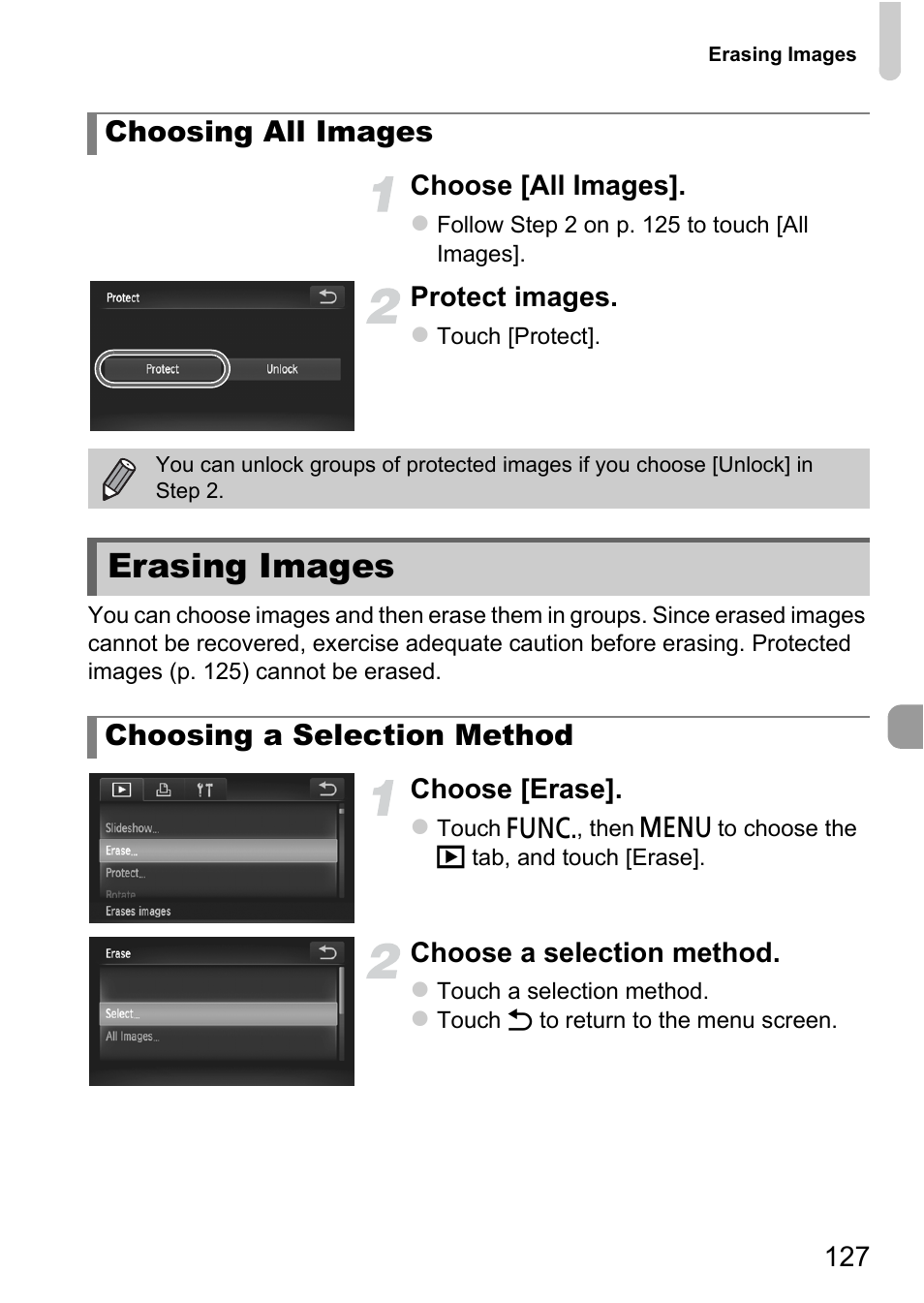 Erasing images, P. 127, E (p. 127 | Ages” (p. 127), P. 127), Choosing all images, Choosing a selection method | Canon IXUS 1100 HS User Manual | Page 127 / 209