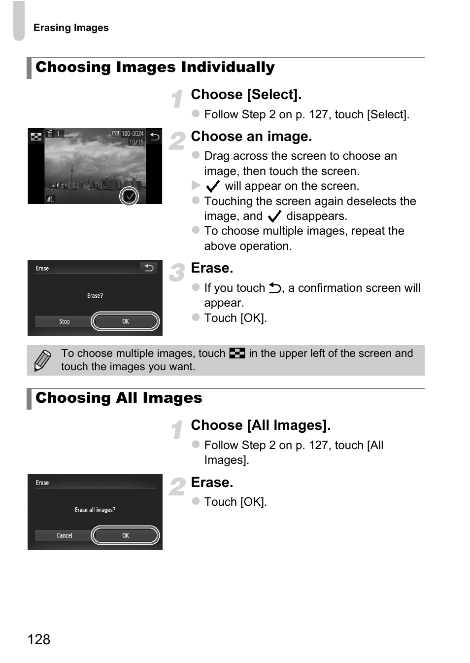 Choosing images individually, Choosing all images | Canon IXUS 1100 HS User Manual | Page 128 / 209