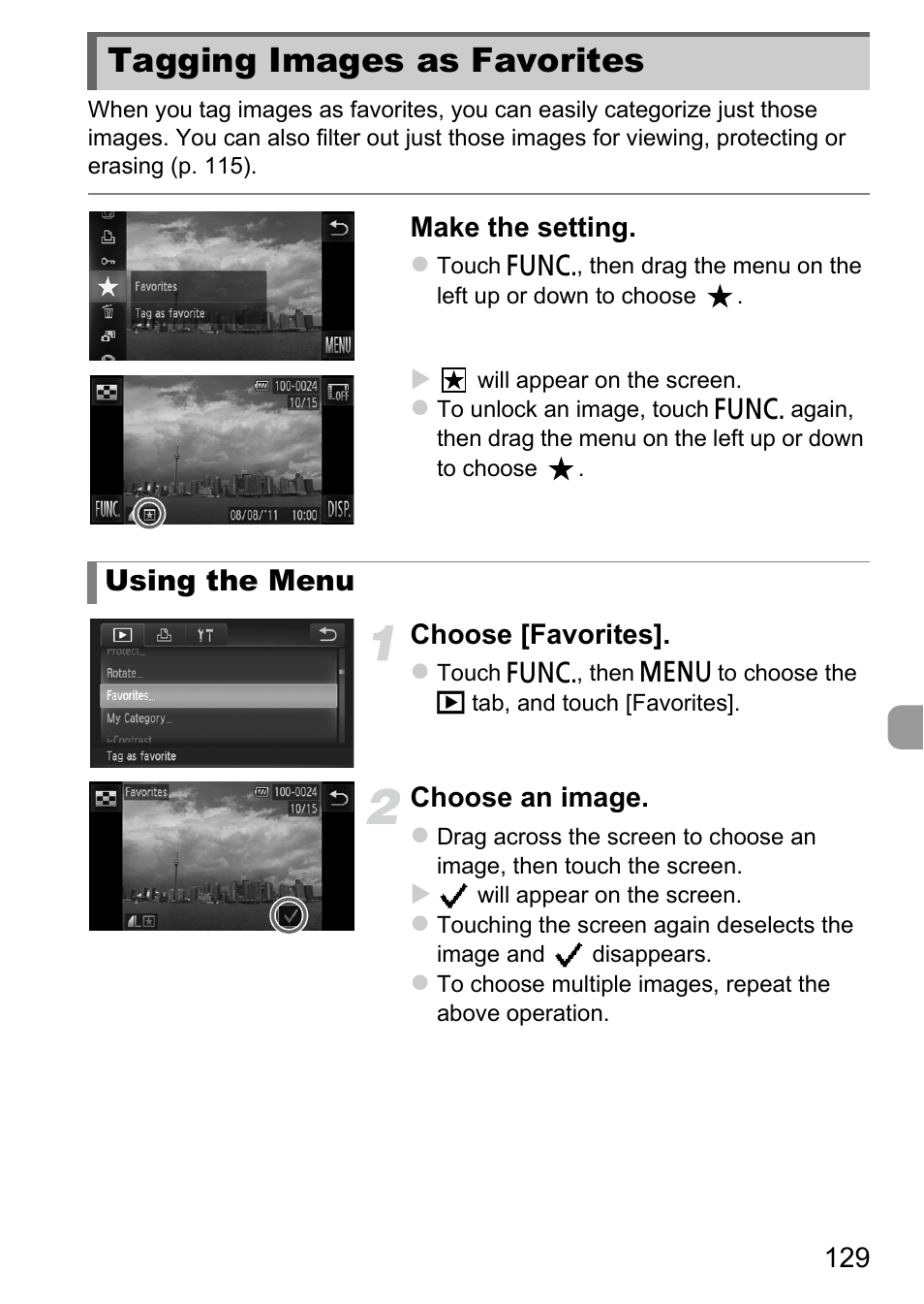 Tagging images as favorites, P. 129), S (p. 129) | Using the menu | Canon IXUS 1100 HS User Manual | Page 129 / 209