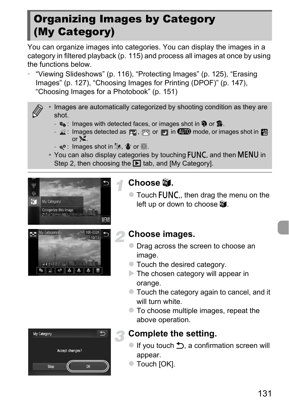 Organizing images by category (my category), Organizing images by category, My category) | P. 131), Ized (p. 131), Gory (p. 131), Choose, Choose images, Complete the setting | Canon IXUS 1100 HS User Manual | Page 131 / 209