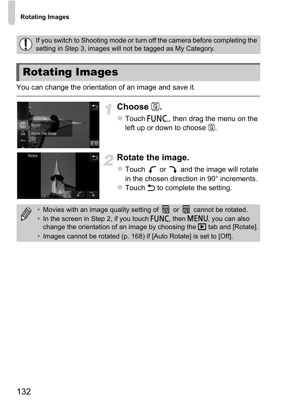 Rotating images, P. 132), Ed (pp. 132 – 138 | Choose, Rotate the image | Canon IXUS 1100 HS User Manual | Page 132 / 209