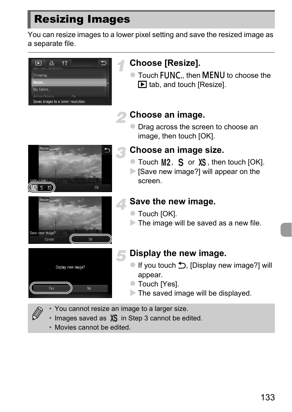 Resizing images, Age (p. 133), Choose [resize | Choose an image, Choose an image size, Save the new image, Display the new image | Canon IXUS 1100 HS User Manual | Page 133 / 209