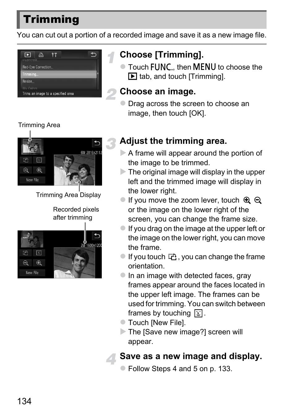 Trimming, Choose [trimming, Choose an image | Adjust the trimming area, Save as a new image and display | Canon IXUS 1100 HS User Manual | Page 134 / 209