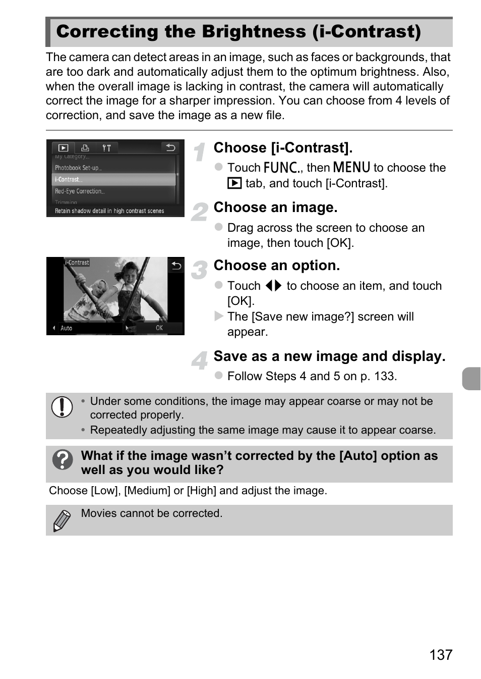 Correcting the brightness (i-contrast), Correcting the brightness, I-contrast) | Choose [i-contrast, Choose an image, Choose an option, Save as a new image and display | Canon IXUS 1100 HS User Manual | Page 137 / 209