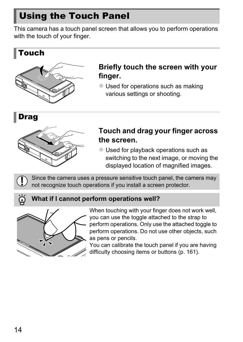 Using the touch panel | Canon IXUS 1100 HS User Manual | Page 14 / 209