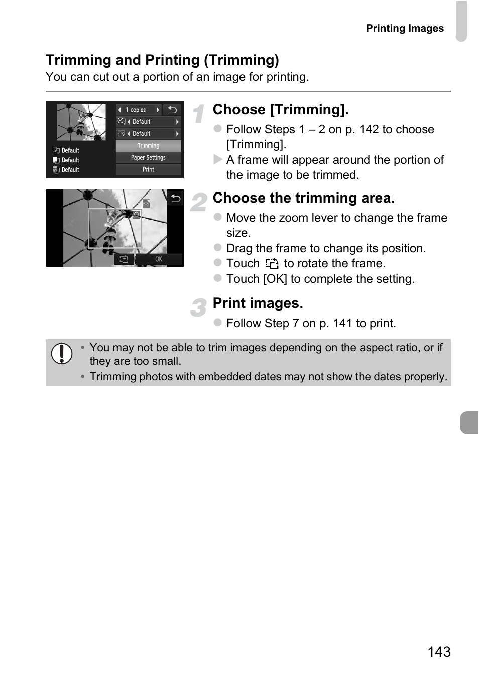 143 trimming and printing (trimming), Choose [trimming, Choose the trimming area | Print images | Canon IXUS 1100 HS User Manual | Page 143 / 209