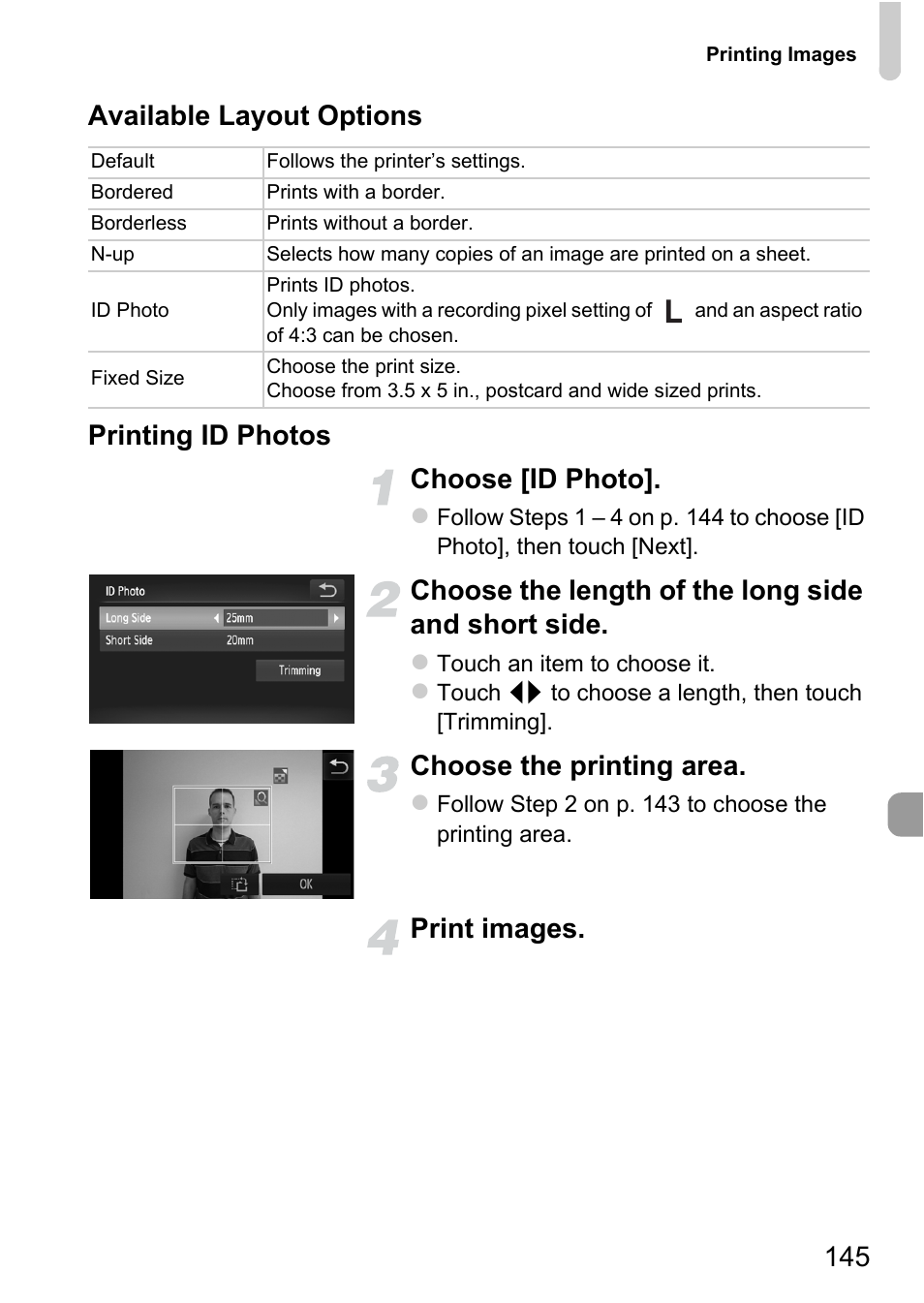 Choose the length of the long side and short side, Choose the printing area, Print images | Canon IXUS 1100 HS User Manual | Page 145 / 209