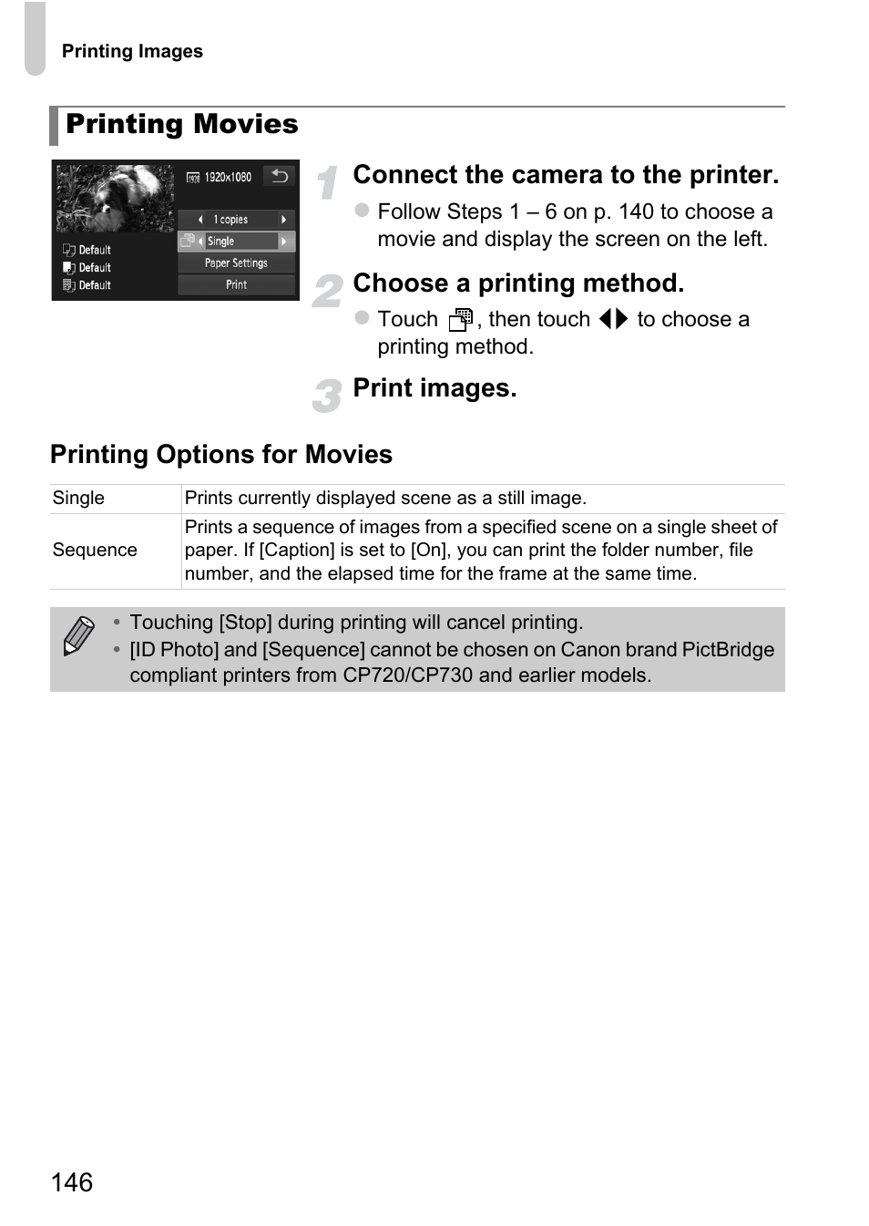 Printing movies, 146 connect the camera to the printer, Choose a printing method | Print images. printing options for movies | Canon IXUS 1100 HS User Manual | Page 146 / 209