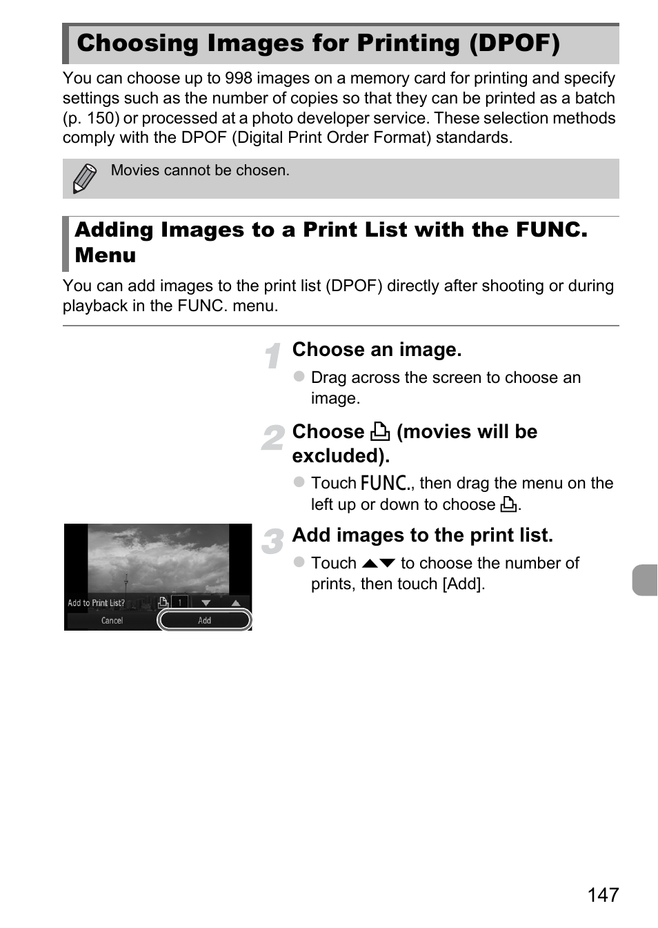 Choosing images for printing (dpof), Choosing images for printing, Dpof) | P. 147), F)” (p. 147), P. 147 | Canon IXUS 1100 HS User Manual | Page 147 / 209